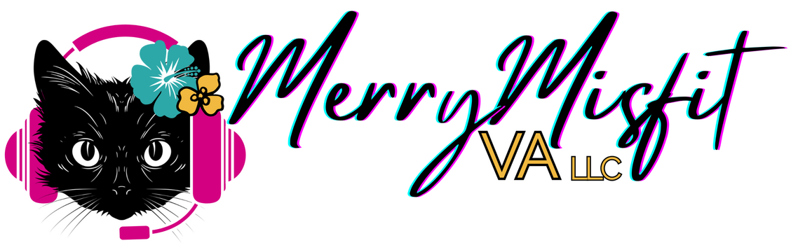 Merry Misfit Virtual Assistant Cat logo Merry Misfit VA Black Cat with flowers and headset